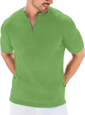 Men's Knit Polo Shirts Short Sleeve Zipper Vintage Collarless Golf Shirt Slim Fit Tops