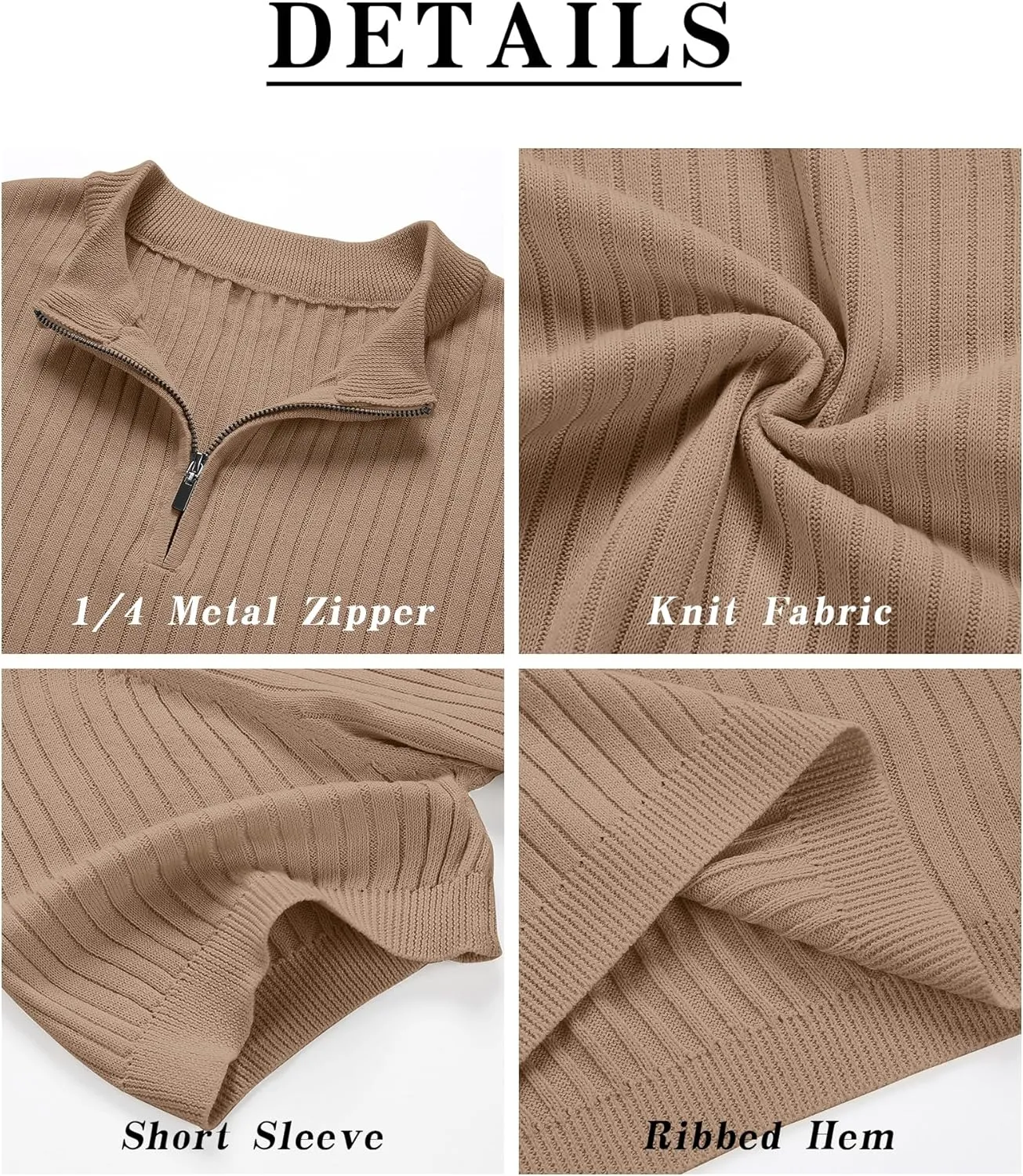 Men's Knit Polo Shirts Short Sleeve Zipper Vintage Collarless Golf Shirt Slim Fit Tops