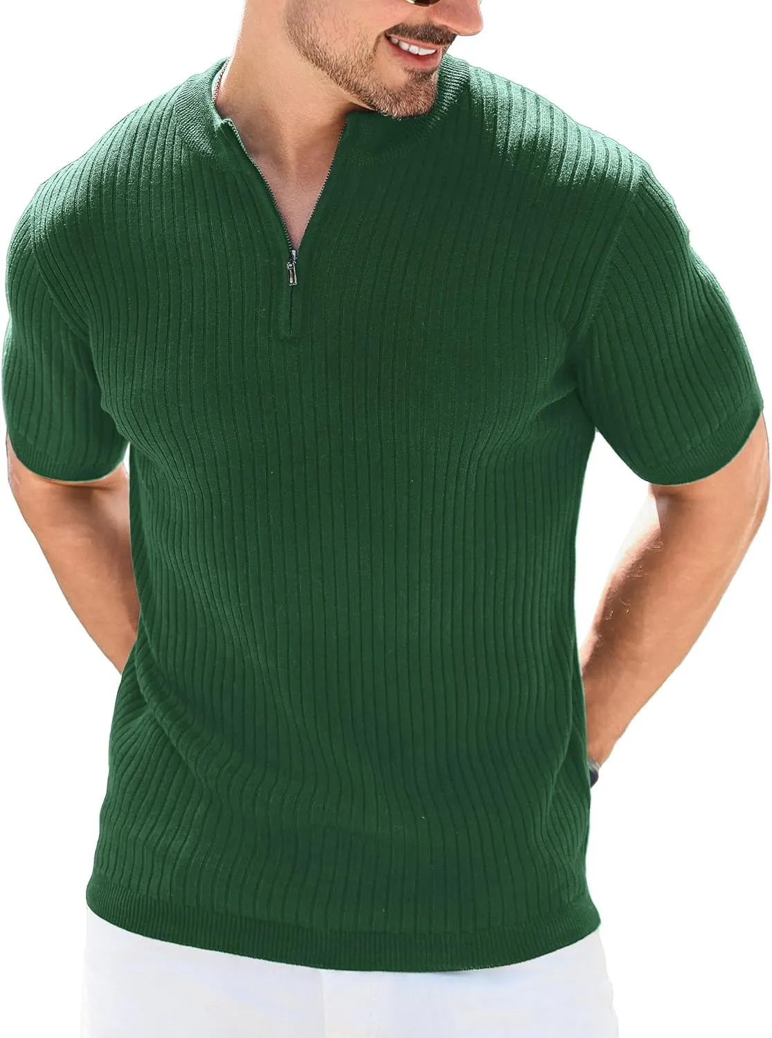 Men's Knit Polo Shirts Short Sleeve Zipper Vintage Collarless Golf Shirt Slim Fit Tops