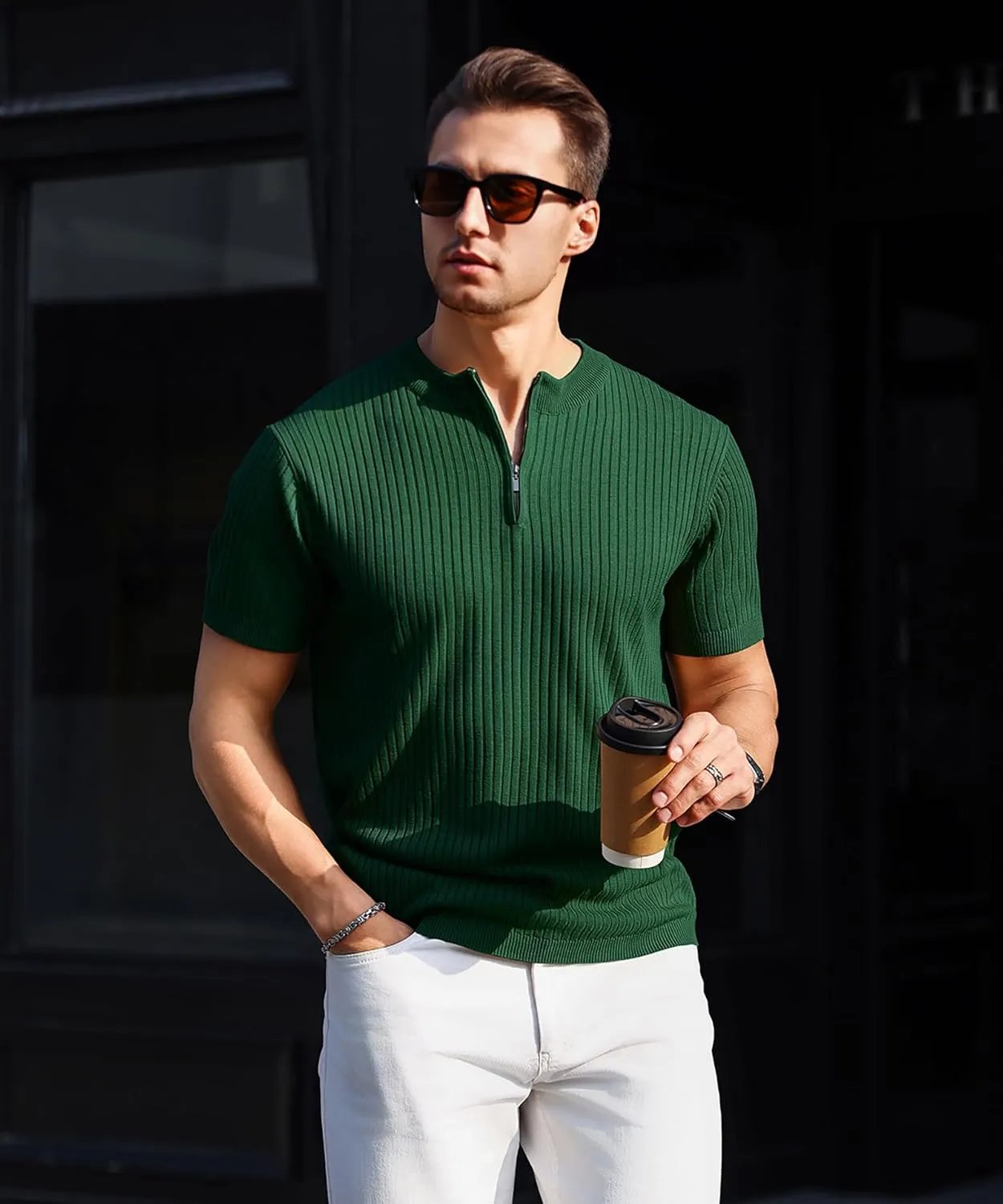 Men's Knit Polo Shirts Short Sleeve Zipper Vintage Collarless Golf Shirt Slim Fit Tops