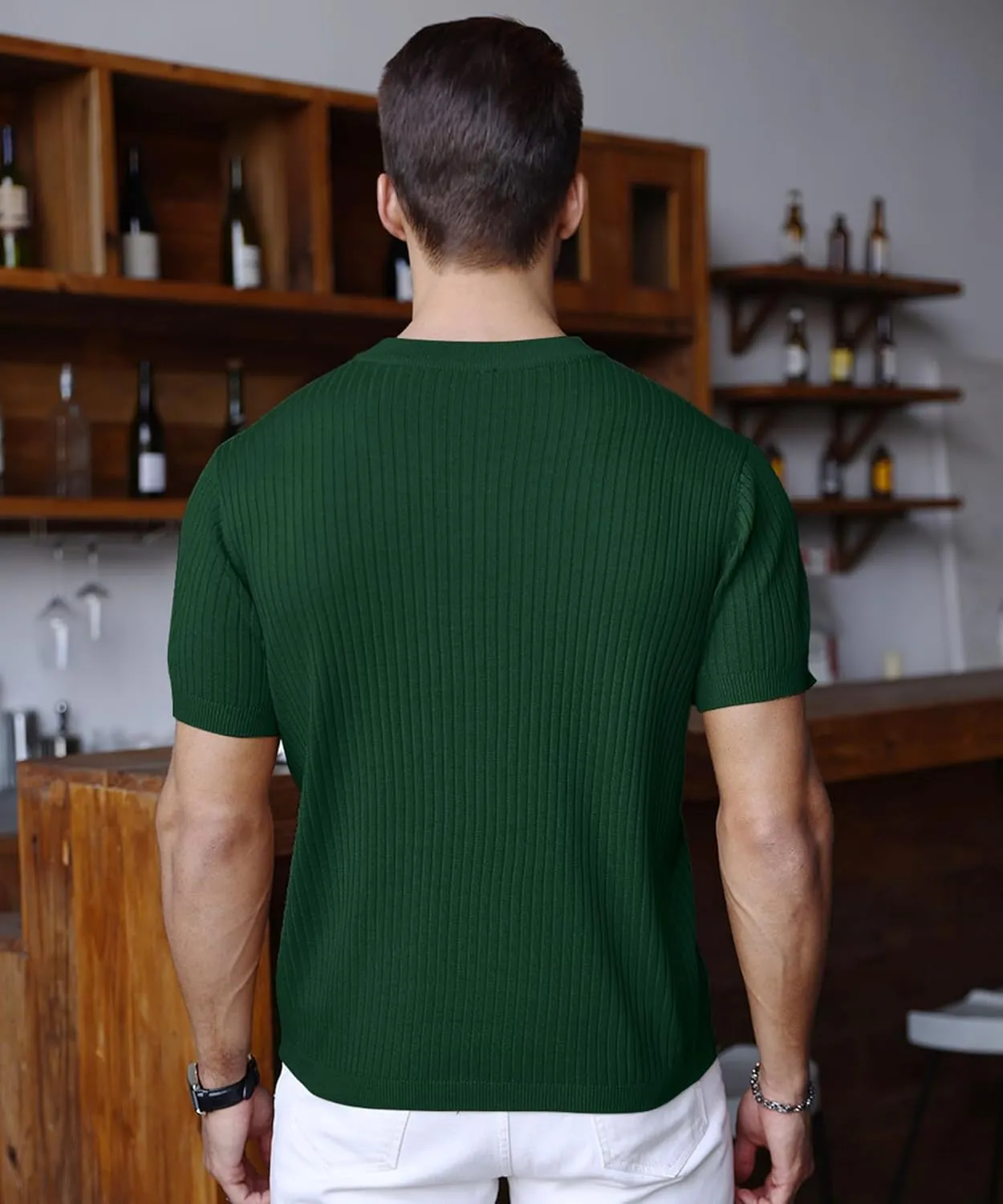 Men's Knit Polo Shirts Short Sleeve Zipper Vintage Collarless Golf Shirt Slim Fit Tops
