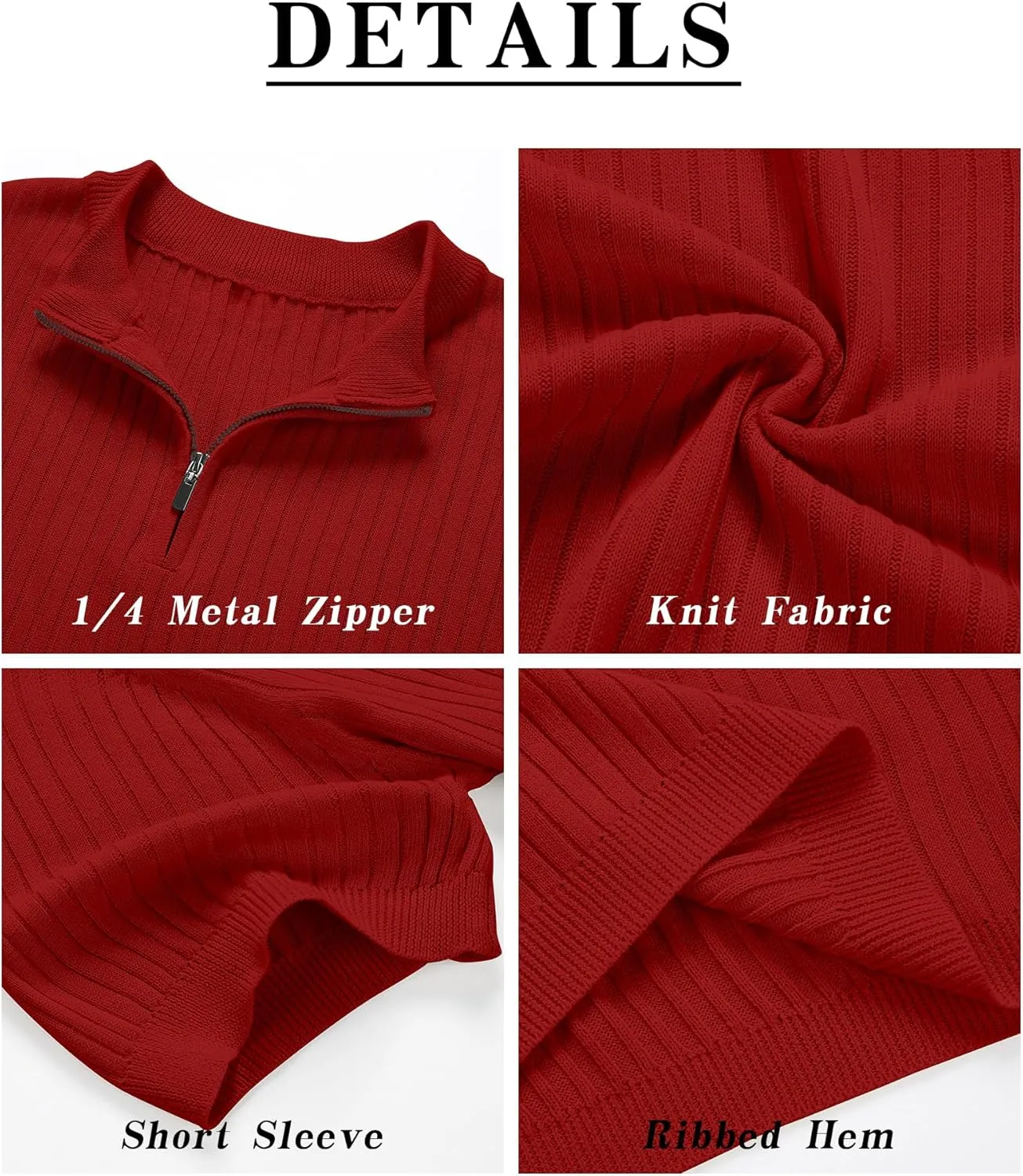 Men's Knit Polo Shirts Short Sleeve Zipper Vintage Collarless Golf Shirt Slim Fit Tops