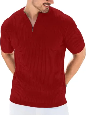 Men's Knit Polo Shirts Short Sleeve Zipper Vintage Collarless Golf Shirt Slim Fit Tops
