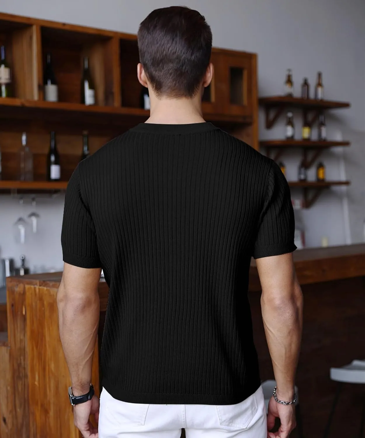 Men's Knit Polo Shirts Short Sleeve Zipper Vintage Collarless Golf Shirt Slim Fit Tops