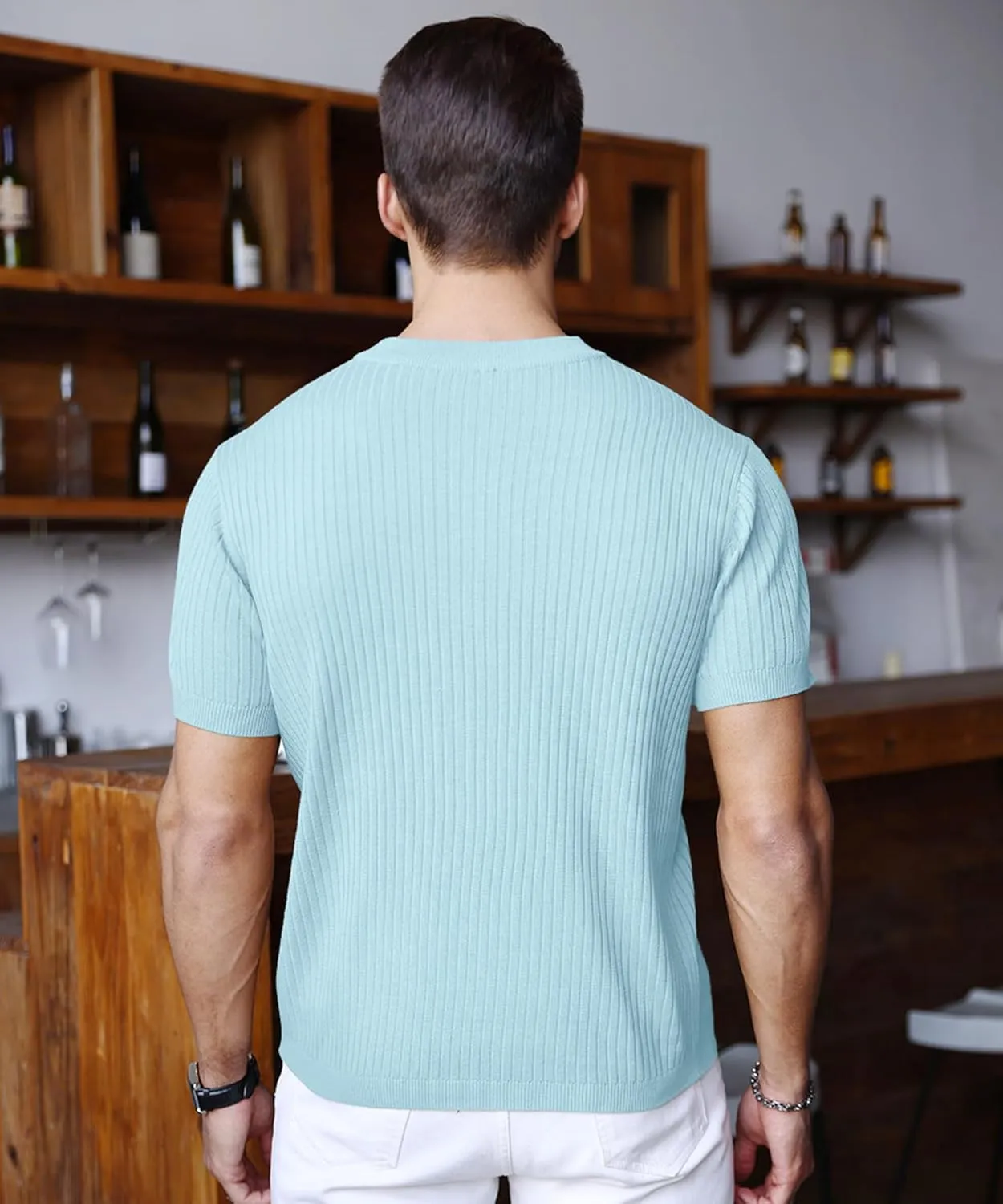 Men's Knit Polo Shirts Short Sleeve Zipper Vintage Collarless Golf Shirt Slim Fit Tops