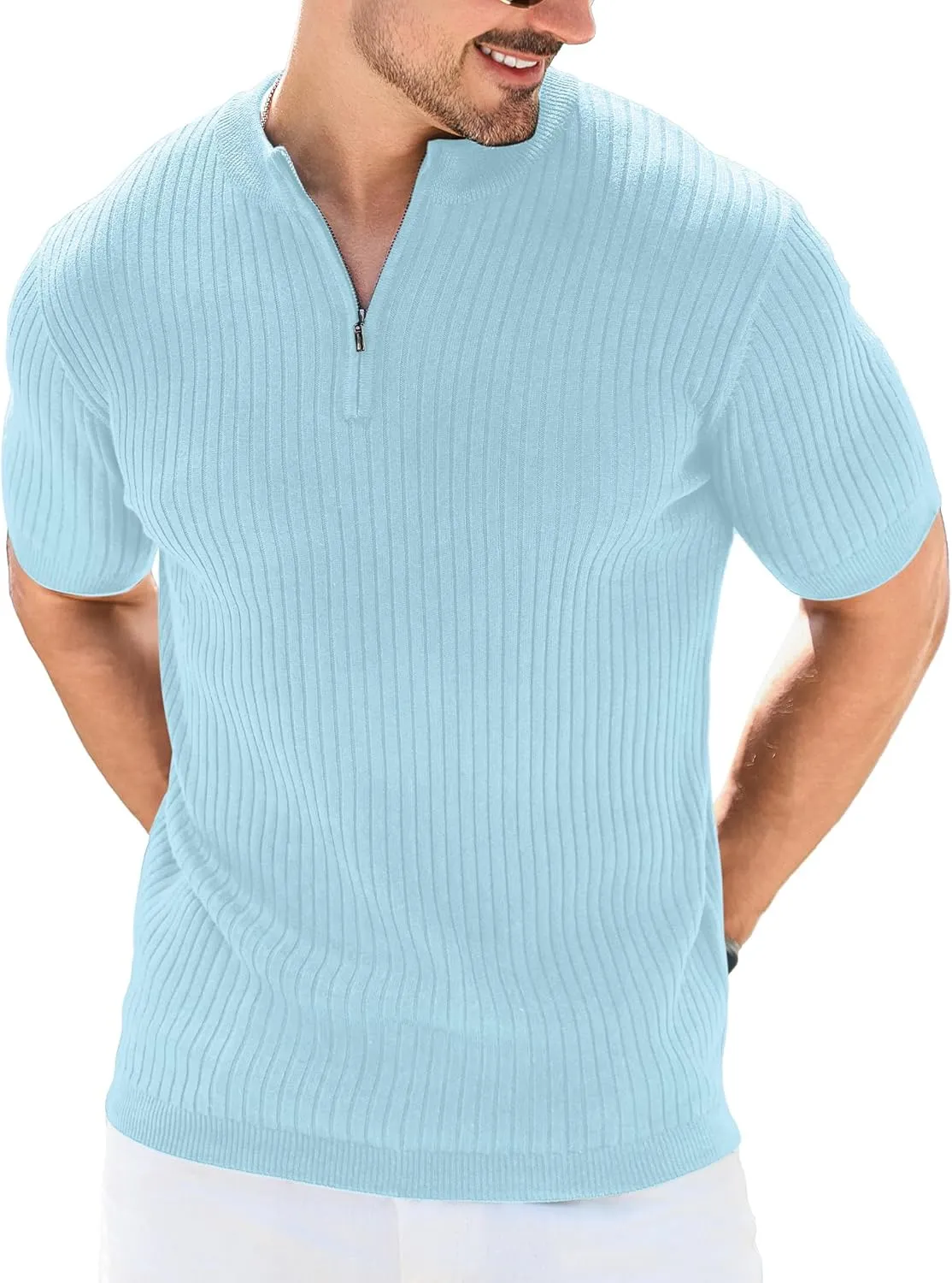 Men's Knit Polo Shirts Short Sleeve Zipper Vintage Collarless Golf Shirt Slim Fit Tops