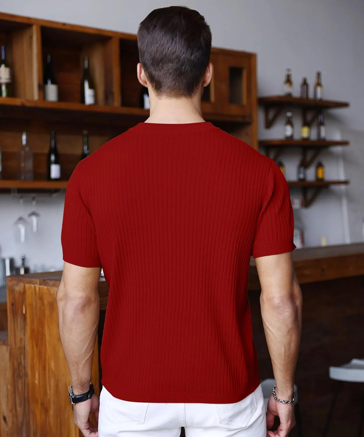 Men's Knit Polo Shirts Short Sleeve Zipper Vintage Collarless Golf Shirt Slim Fit Tops