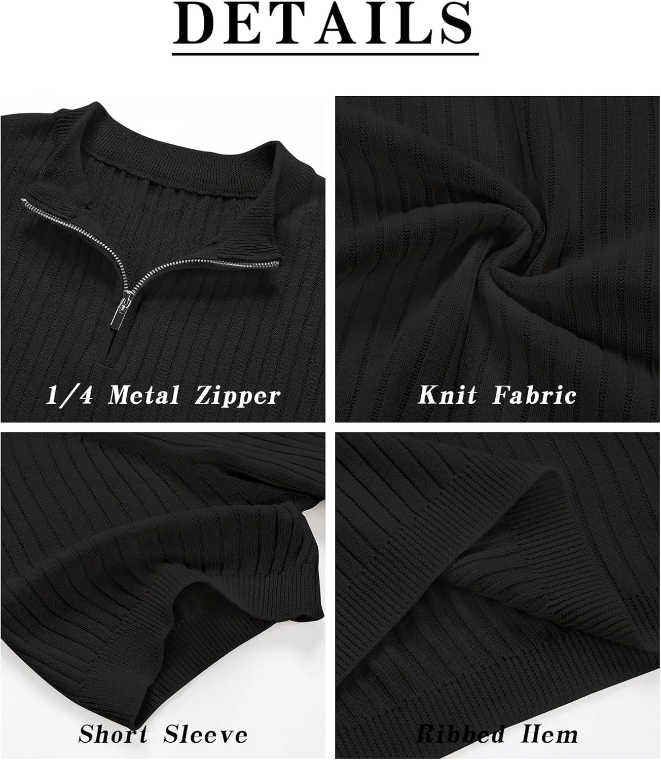 Men's Knit Polo Shirts Short Sleeve Zipper Vintage Collarless Golf Shirt Slim Fit Tops