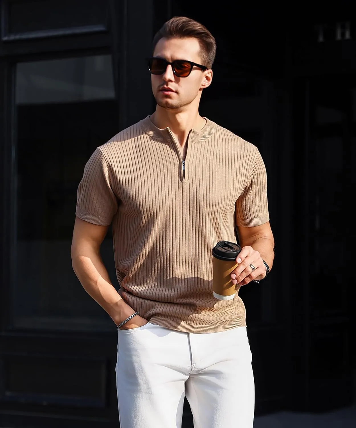 Men's Knit Polo Shirts Short Sleeve Zipper Vintage Collarless Golf Shirt Slim Fit Tops