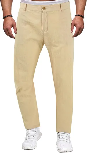 Men's Lightweight Casual Pants Button Stretch Pleated Slacks Golf Chino Pants Summer Beach Vacation Vintage Trousers