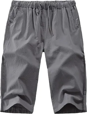 Men's Linen Harem Capri Pants Casual Lightweight Drawstring Yoga Pants Elastic Waist Shorts Baggy 3/4 Beach