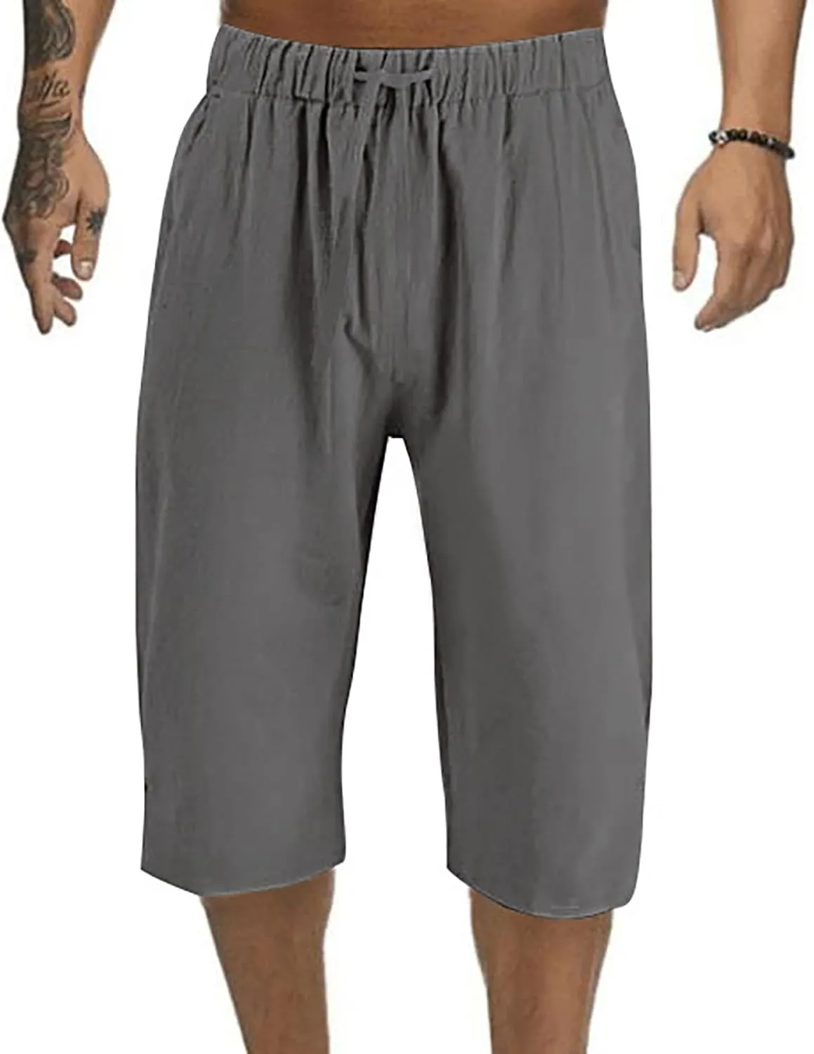 Men's Linen Harem Capri Pants Casual Lightweight Drawstring Yoga Pants Elastic Waist Shorts Baggy 3/4 Beach