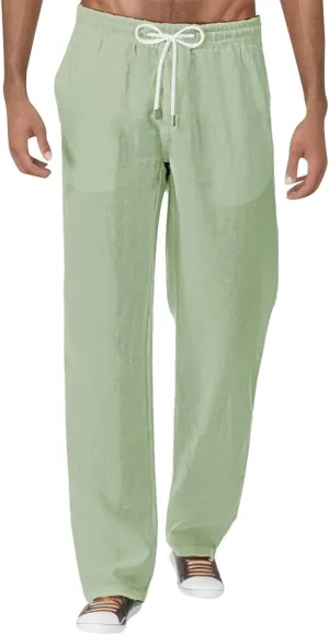 Men's Linen Pants Sports Joggers Elastic Waist Straight Leg Loose Fit Lightweight Yoga Beach Trousers with Pockets