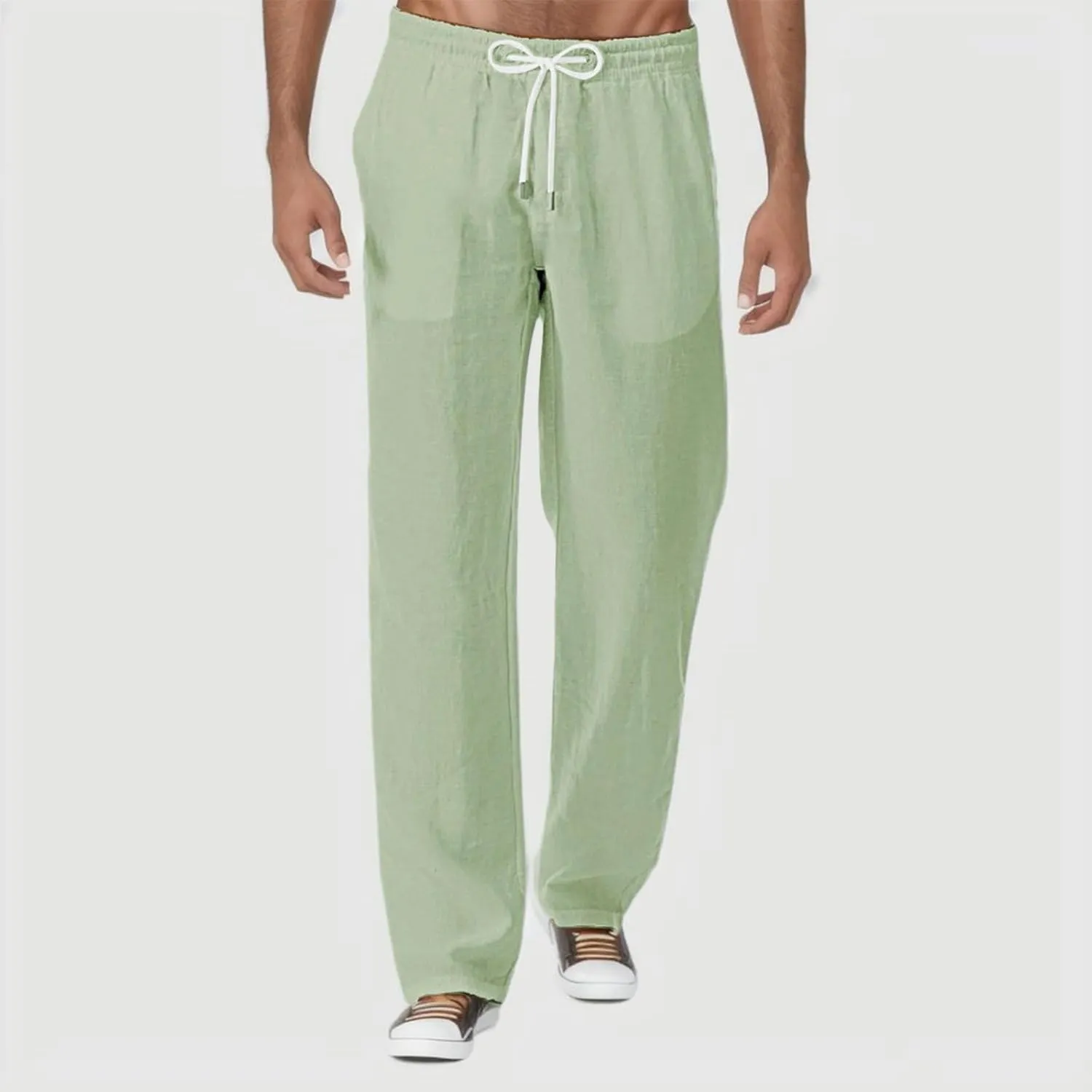 Men's Linen Pants Sports Joggers Elastic Waist Straight Leg Loose Fit Lightweight Yoga Beach Trousers with Pockets