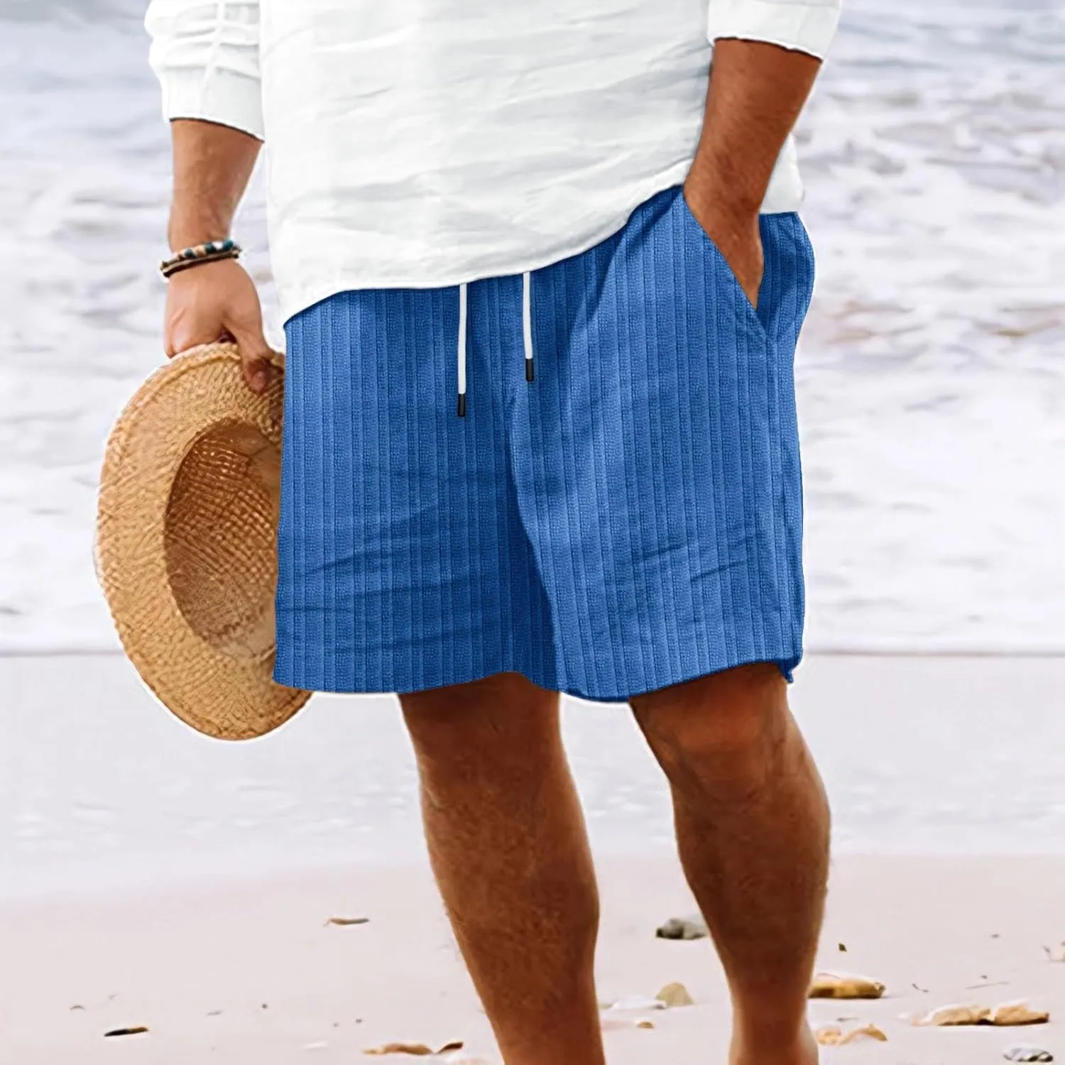 Men's Linen Shorts Summer Flat Front Casual Elastic Waist Drawstring Beach Vacation Shorts with Pockets