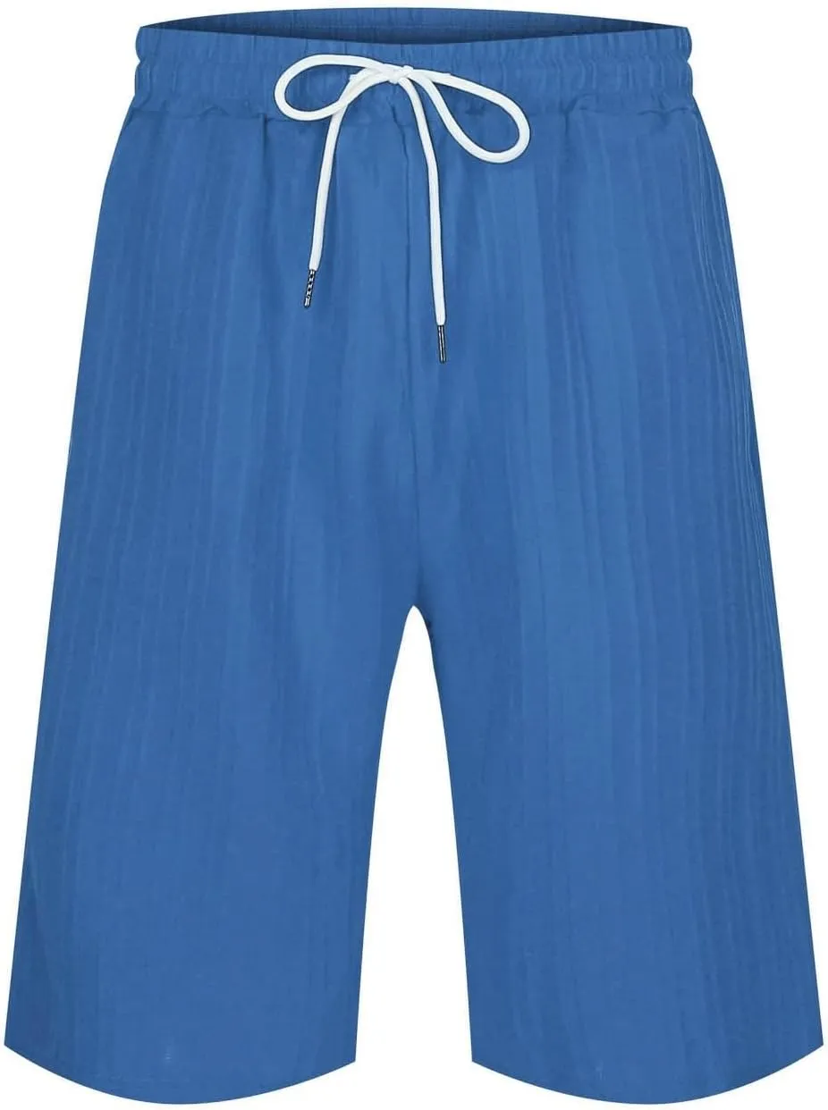 Men's Linen Shorts Summer Flat Front Casual Elastic Waist Drawstring Beach Vacation Shorts with Pockets