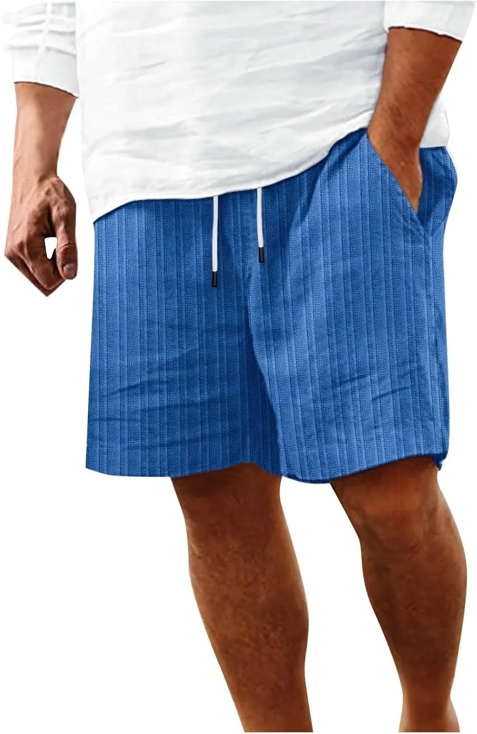 Men's Linen Shorts Summer Flat Front Casual Elastic Waist Drawstring Beach Vacation Shorts with Pockets