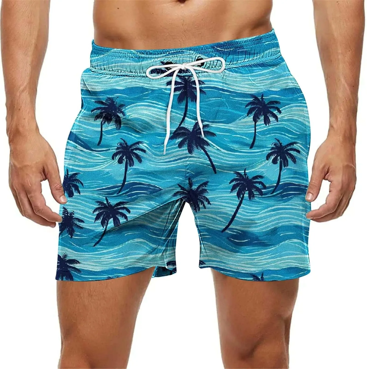 Mens Shorts 2025 Summer Hawaiian Beach Shorts Lightweight Elastic Waist Drawstring Casual Board Short with Pockets