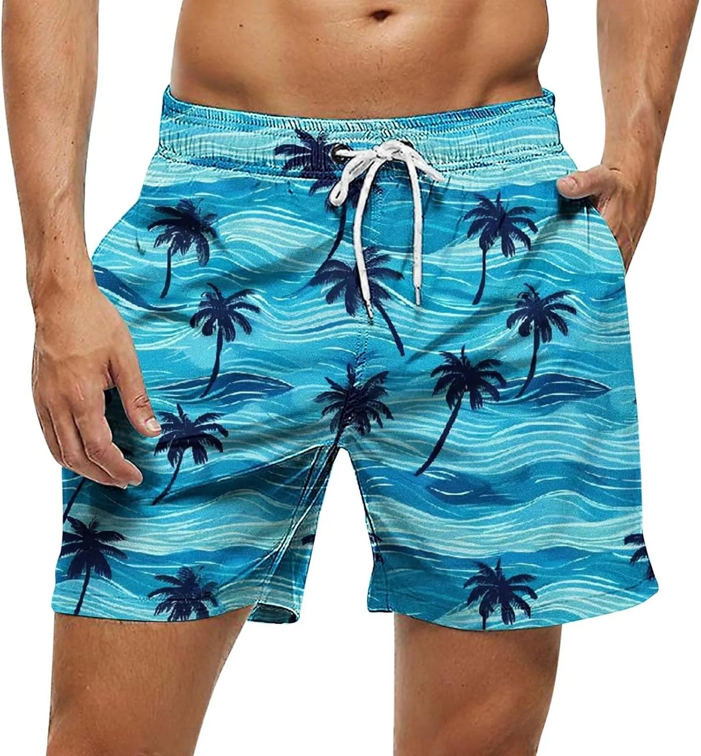 Mens Shorts 2025 Summer Hawaiian Beach Shorts Lightweight Elastic Waist Drawstring Casual Board Short with Pockets