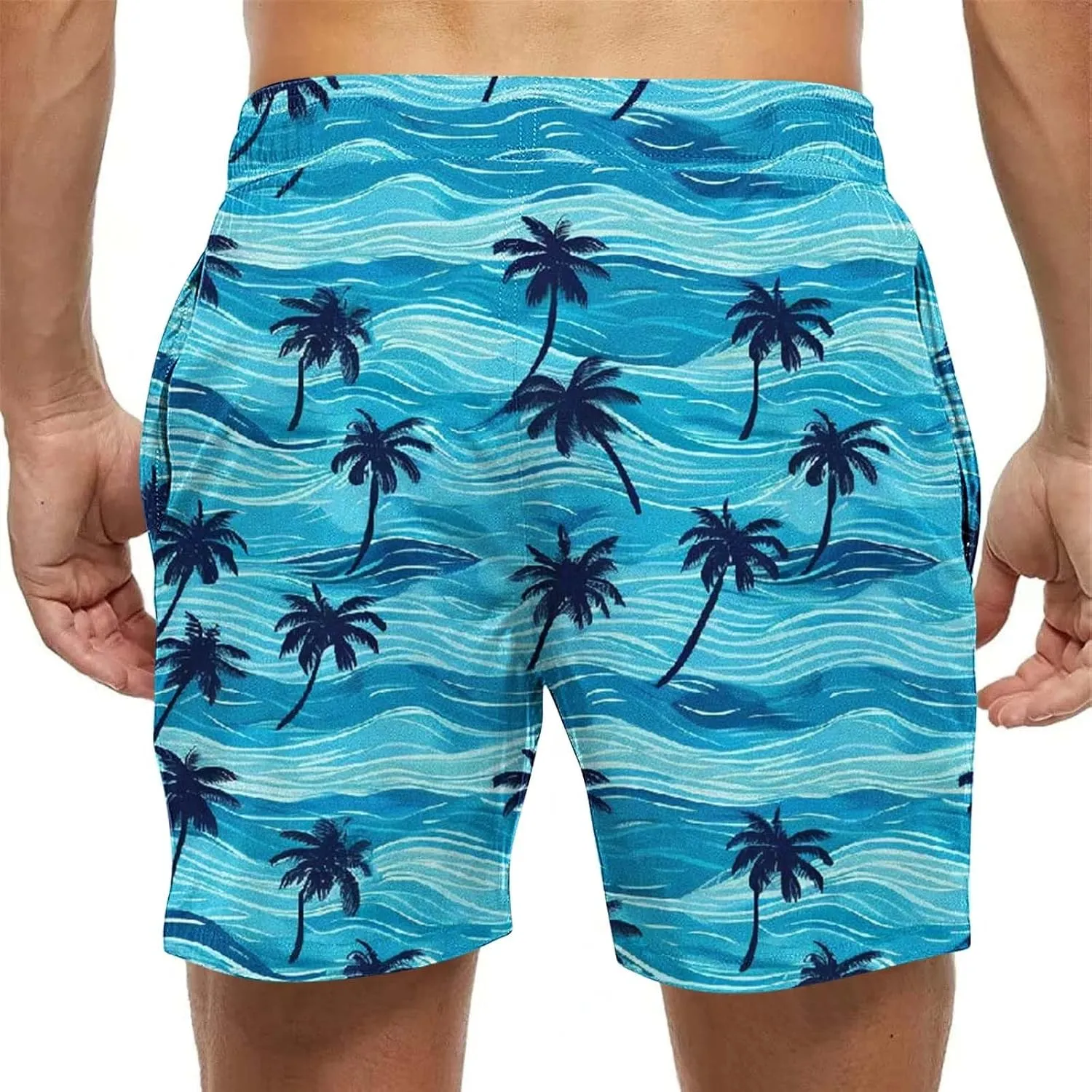 Mens Shorts 2025 Summer Hawaiian Beach Shorts Lightweight Elastic Waist Drawstring Casual Board Short with Pockets