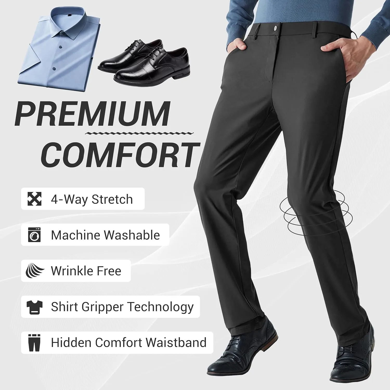 Mens Stretch Dress Pants, Men's Classic Fit Casual Pants Lightweight Flat Front Golf Work Suit Pants