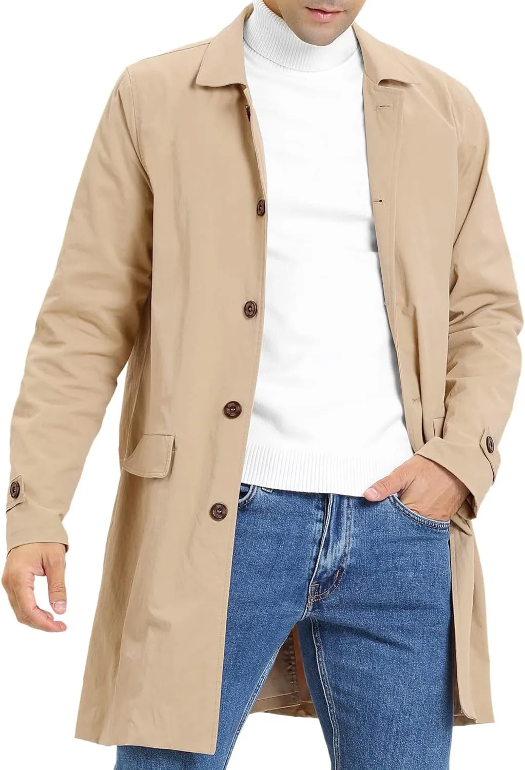 Mens Trench Coat Slim Fit Single Breasted Casual Long Jacket Lightweight Lapel Fall Windbreaker Overcoat