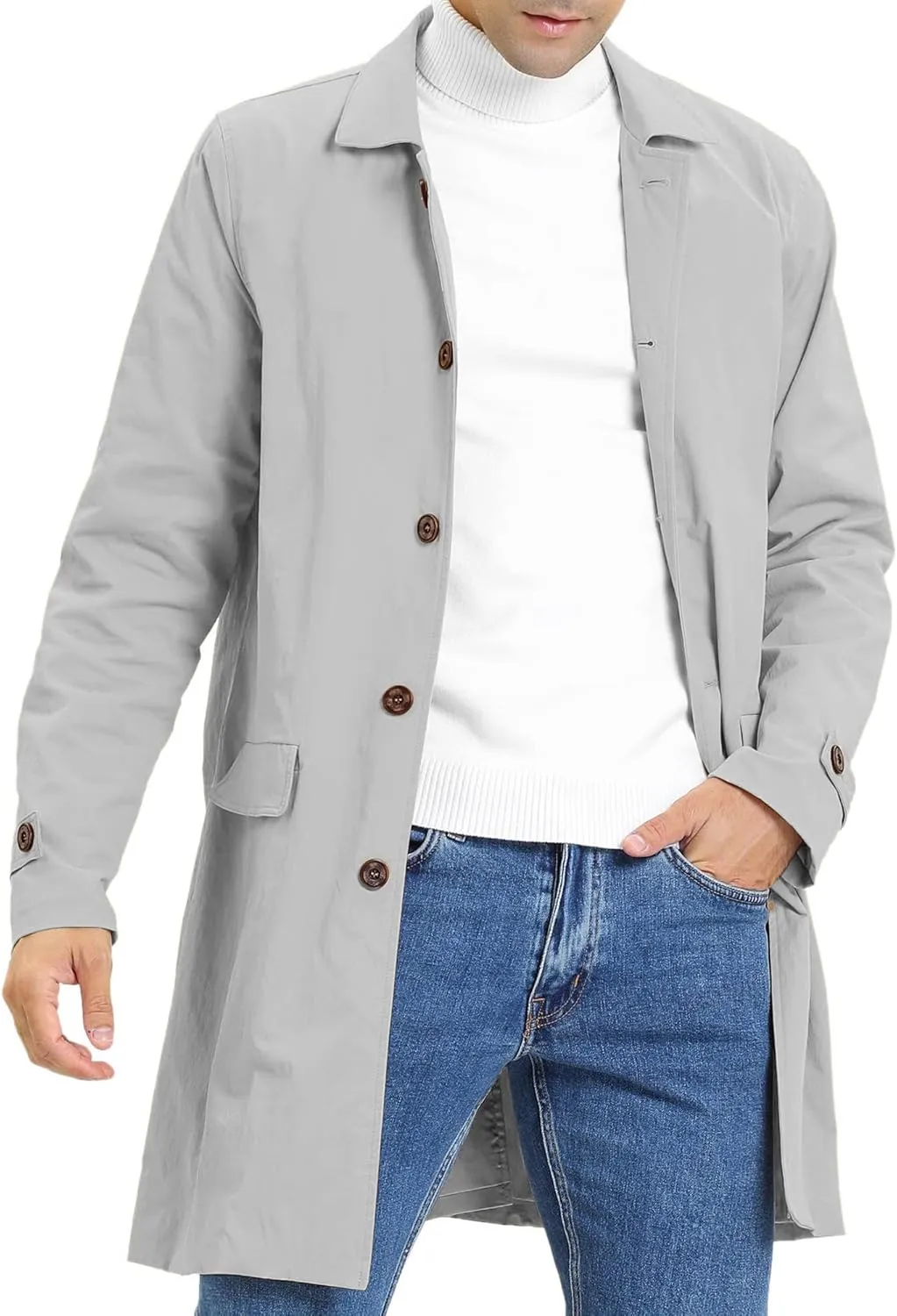Mens Trench Coat Slim Fit Single Breasted Casual Long Jacket Lightweight Lapel Fall Windbreaker Overcoat