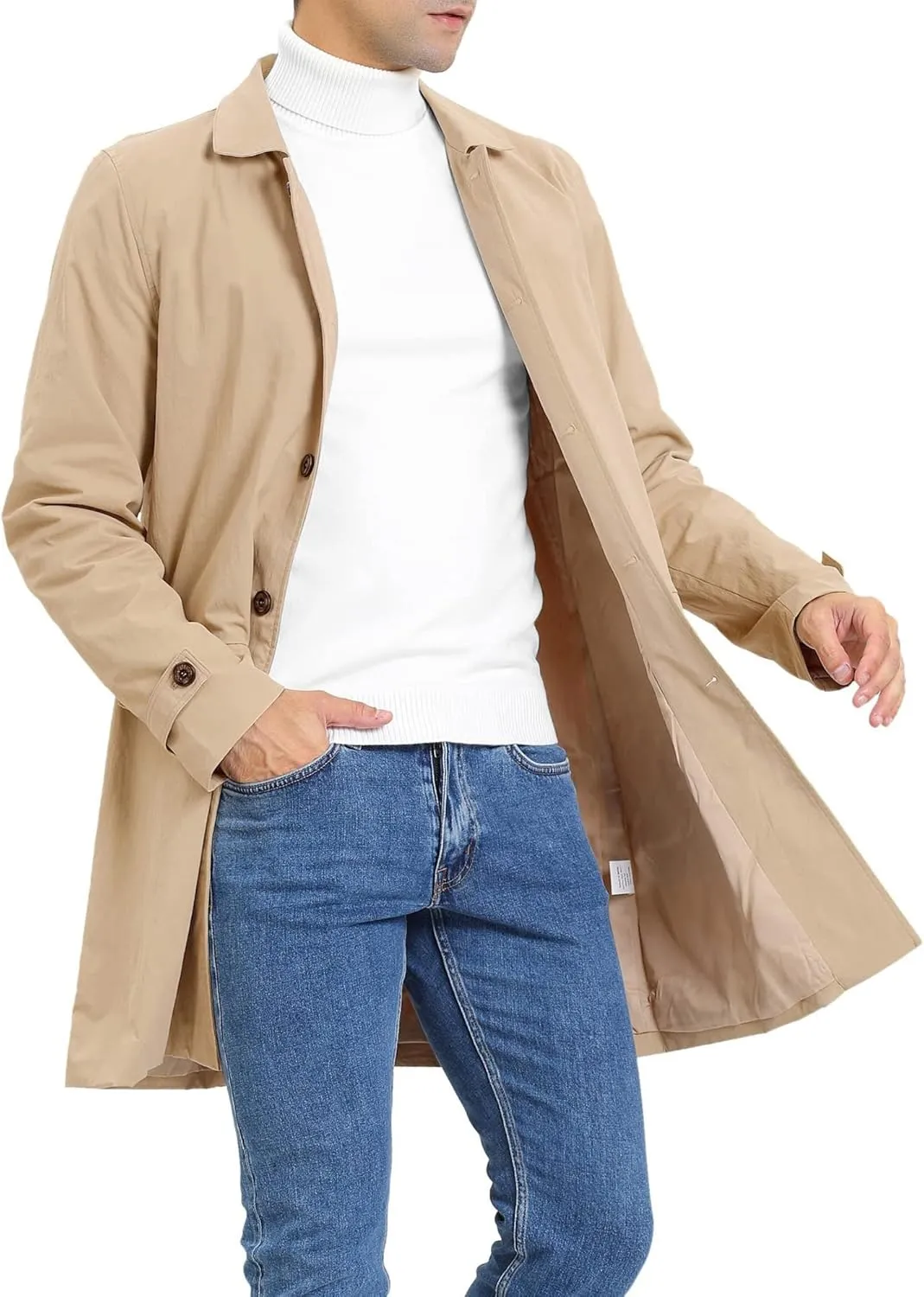 Mens Trench Coat Slim Fit Single Breasted Casual Long Jacket Lightweight Lapel Fall Windbreaker Overcoat