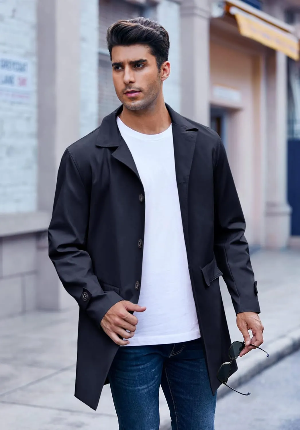 Mens Trench Coat Slim Fit Single Breasted Casual Long Jacket Lightweight Lapel Fall Windbreaker Overcoat