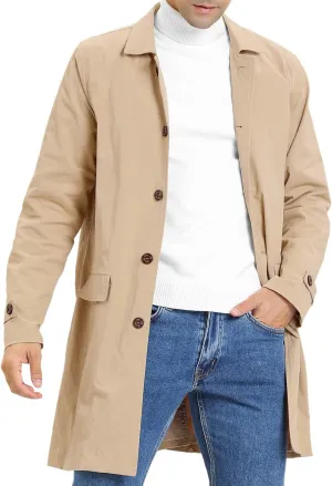 Mens Trench Coat Slim Fit Single Breasted Casual Long Jacket Lightweight Lapel Fall Windbreaker Overcoat