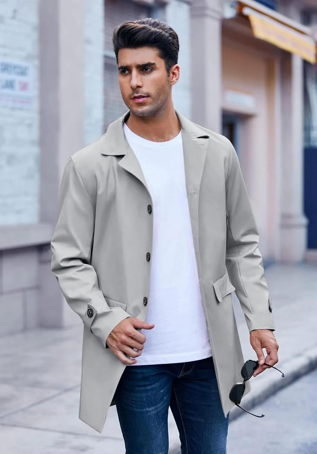 Mens Trench Coat Slim Fit Single Breasted Casual Long Jacket Lightweight Lapel Fall Windbreaker Overcoat