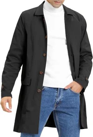 Mens Trench Coat Slim Fit Single Breasted Casual Long Jacket Lightweight Lapel Fall Windbreaker Overcoat