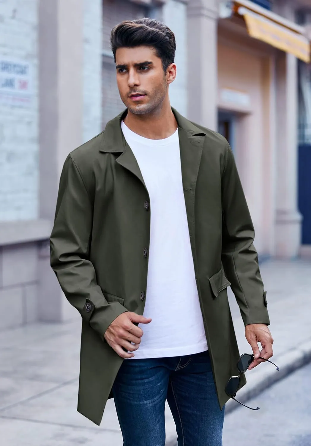 Mens Trench Coat Slim Fit Single Breasted Casual Long Jacket Lightweight Lapel Fall Windbreaker Overcoat
