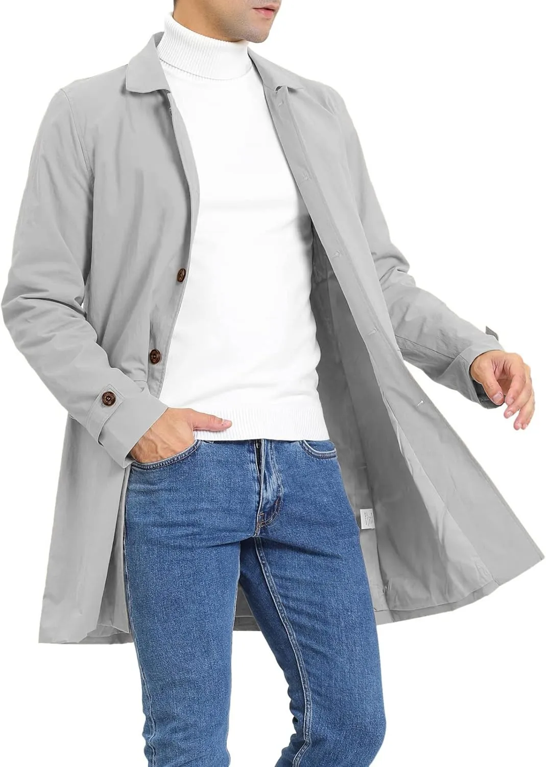 Mens Trench Coat Slim Fit Single Breasted Casual Long Jacket Lightweight Lapel Fall Windbreaker Overcoat
