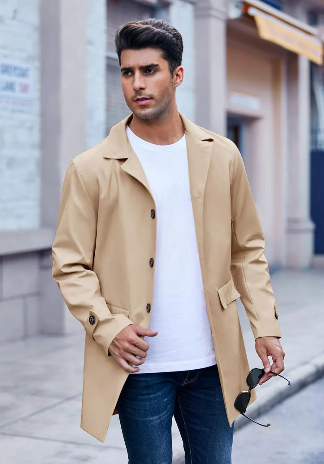 Mens Trench Coat Slim Fit Single Breasted Casual Long Jacket Lightweight Lapel Fall Windbreaker Overcoat