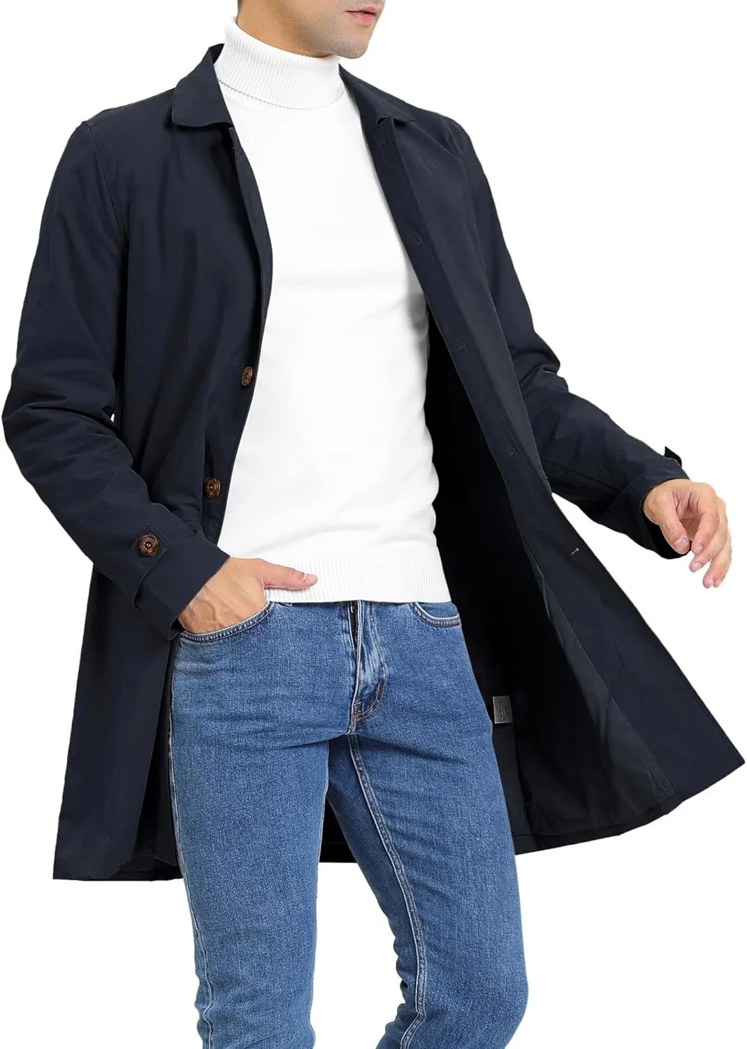 Mens Trench Coat Slim Fit Single Breasted Casual Long Jacket Lightweight Lapel Fall Windbreaker Overcoat