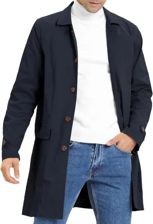 Mens Trench Coat Slim Fit Single Breasted Casual Long Jacket Lightweight Lapel Fall Windbreaker Overcoat