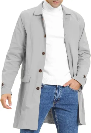 Mens Trench Coat Slim Fit Single Breasted Casual Long Jacket Lightweight Lapel Fall Windbreaker Overcoat