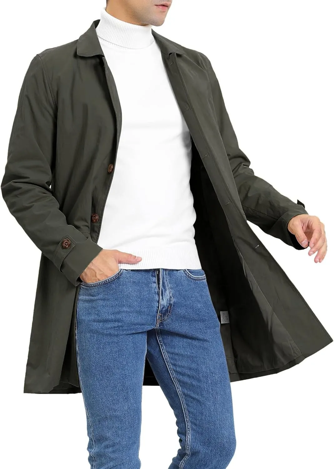 Mens Trench Coat Slim Fit Single Breasted Casual Long Jacket Lightweight Lapel Fall Windbreaker Overcoat