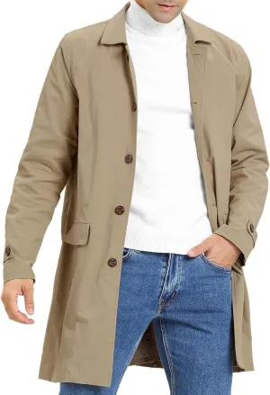 Mens Trench Coat Slim Fit Single Breasted Casual Long Jacket Lightweight Lapel Fall Windbreaker Overcoat