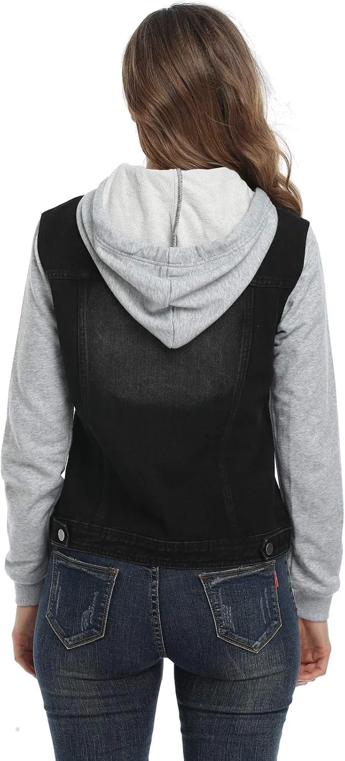 MISS MOLY Women's Hooded Jean Jacket Drawstring Layered Washed Long Sleeve Sweatshirt Hoodie Denim Jacket w 2 Pockets