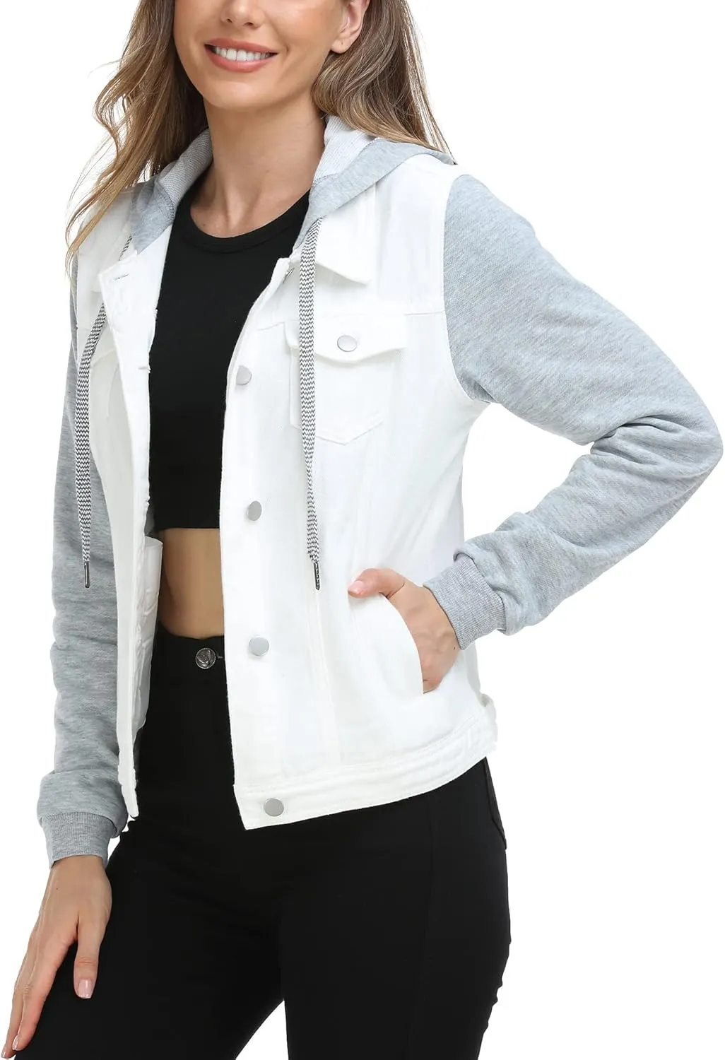 MISS MOLY Women's Hooded Jean Jacket Drawstring Layered Washed Long Sleeve Sweatshirt Hoodie Denim Jacket w 2 Pockets