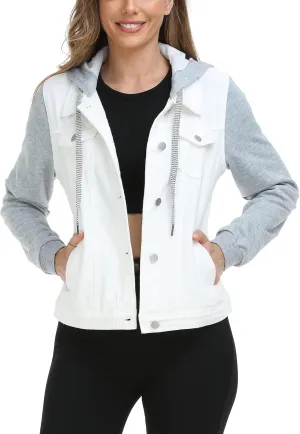 MISS MOLY Women's Hooded Jean Jacket Drawstring Layered Washed Long Sleeve Sweatshirt Hoodie Denim Jacket w 2 Pockets