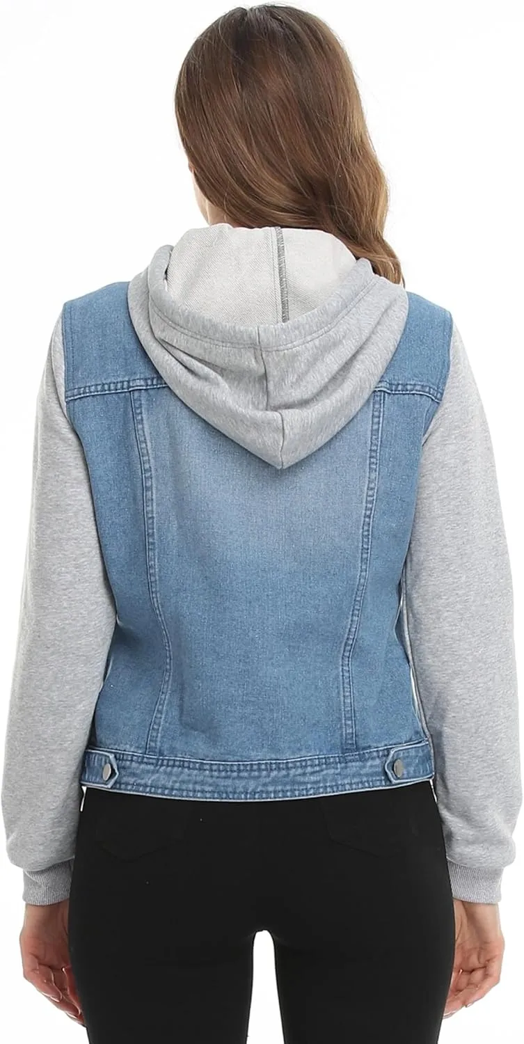MISS MOLY Women's Hooded Jean Jacket Drawstring Layered Washed Long Sleeve Sweatshirt Hoodie Denim Jacket w 2 Pockets