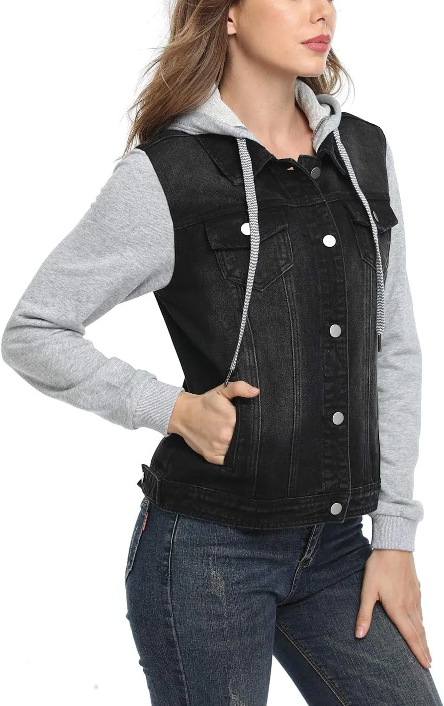 MISS MOLY Women's Hooded Jean Jacket Drawstring Layered Washed Long Sleeve Sweatshirt Hoodie Denim Jacket w 2 Pockets