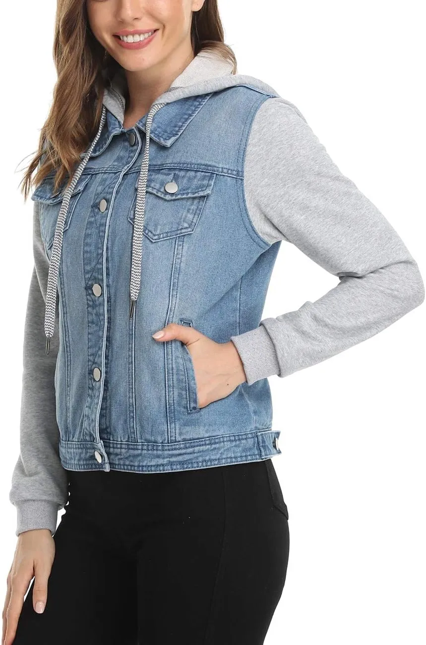 MISS MOLY Women's Hooded Jean Jacket Drawstring Layered Washed Long Sleeve Sweatshirt Hoodie Denim Jacket w 2 Pockets