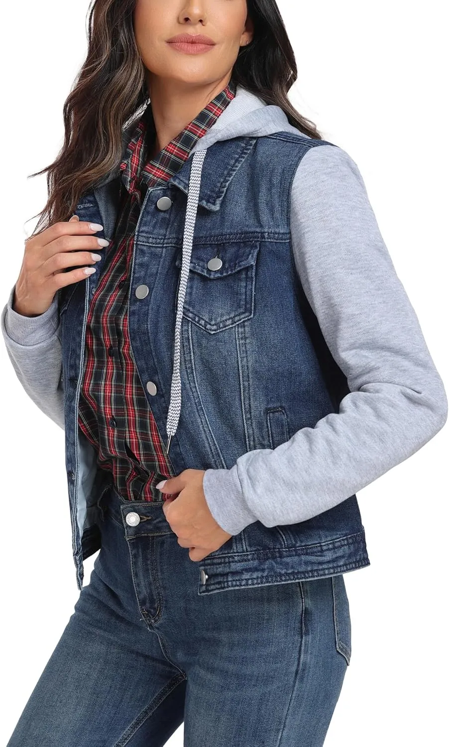 MISS MOLY Women's Hooded Jean Jacket Drawstring Layered Washed Long Sleeve Sweatshirt Hoodie Denim Jacket w 2 Pockets