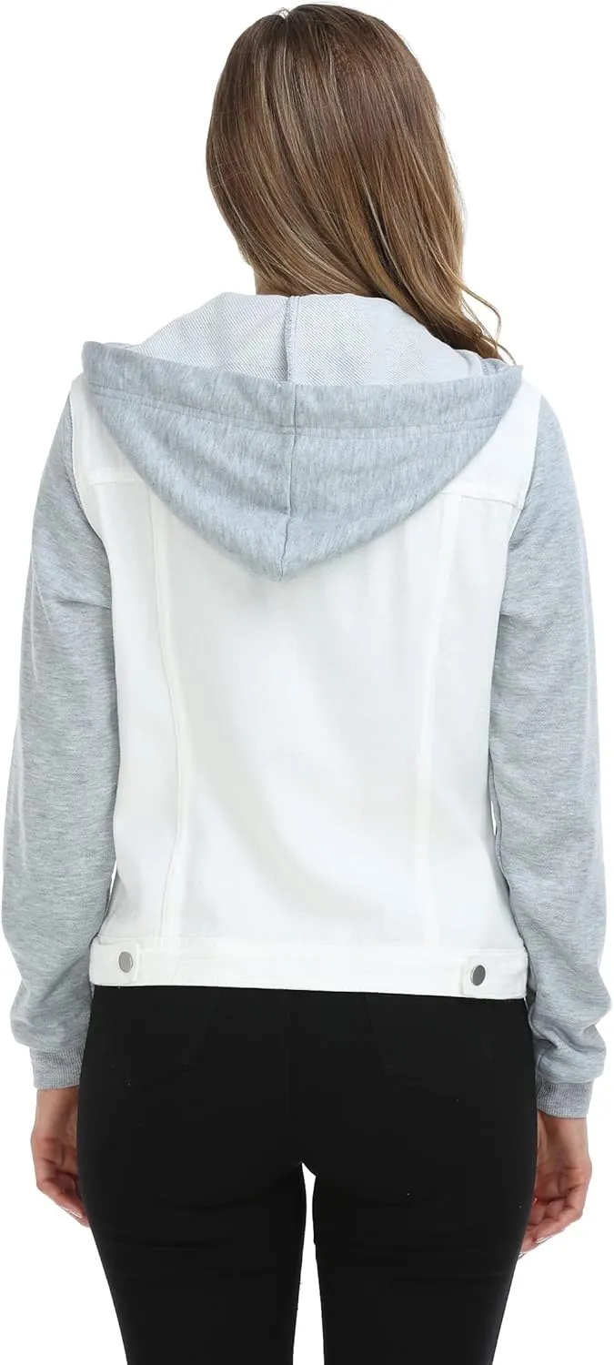 MISS MOLY Women's Hooded Jean Jacket Drawstring Layered Washed Long Sleeve Sweatshirt Hoodie Denim Jacket w 2 Pockets