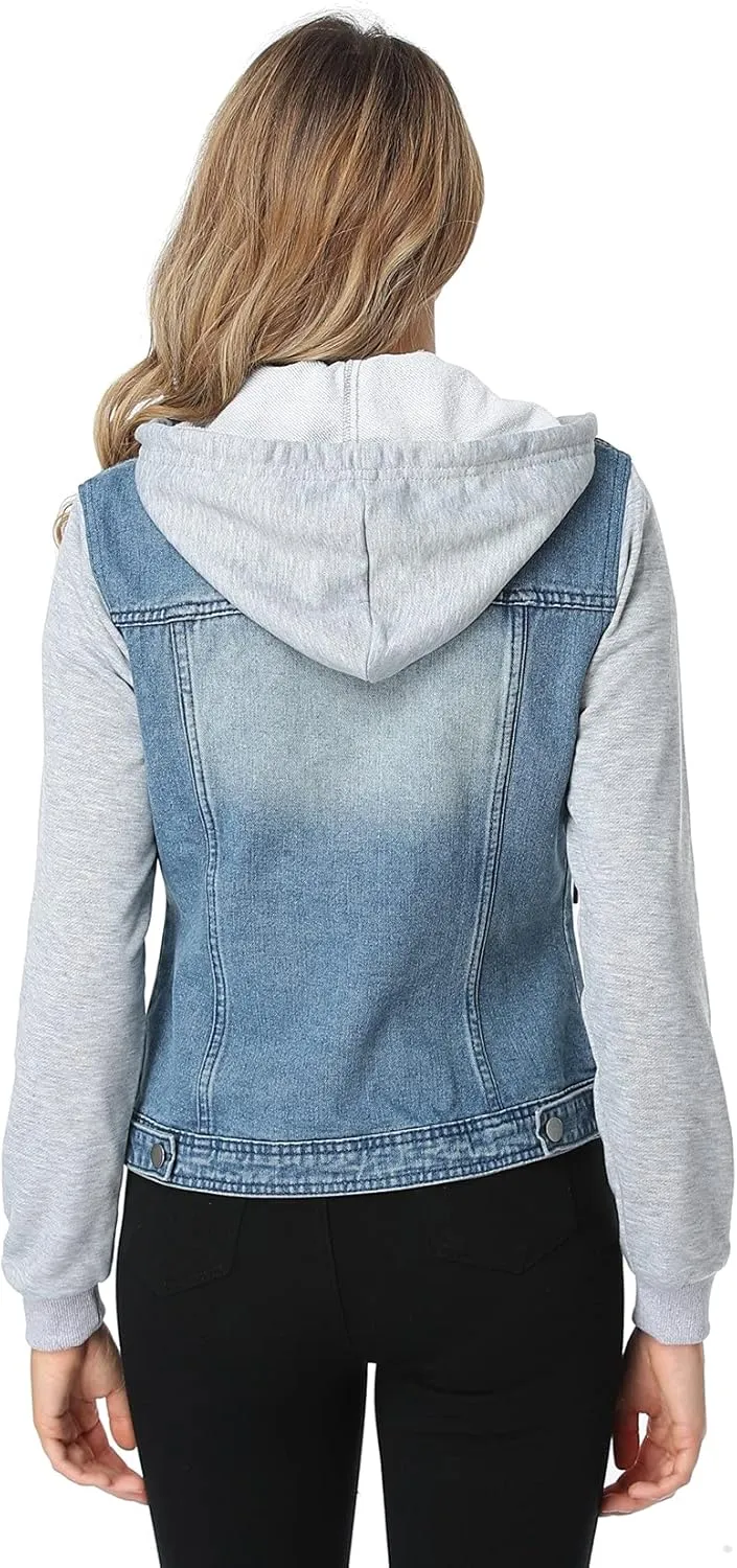 MISS MOLY Women's Hooded Jean Jacket Drawstring Layered Washed Long Sleeve Sweatshirt Hoodie Denim Jacket w 2 Pockets