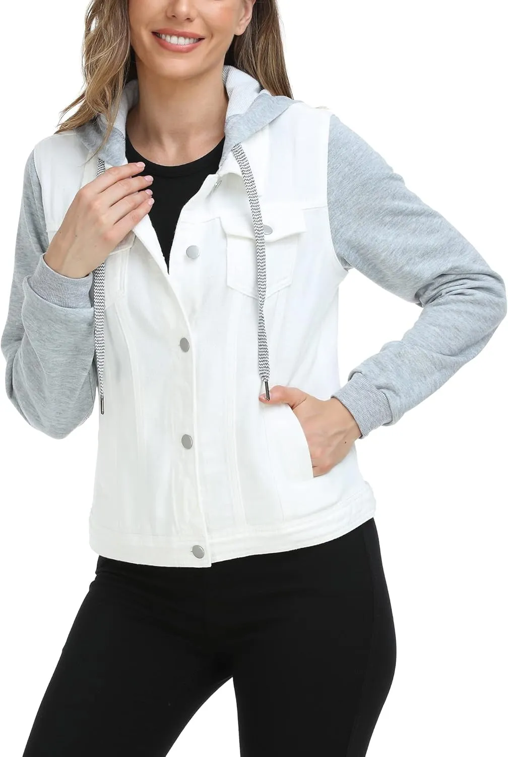 MISS MOLY Women's Hooded Jean Jacket Drawstring Layered Washed Long Sleeve Sweatshirt Hoodie Denim Jacket w 2 Pockets